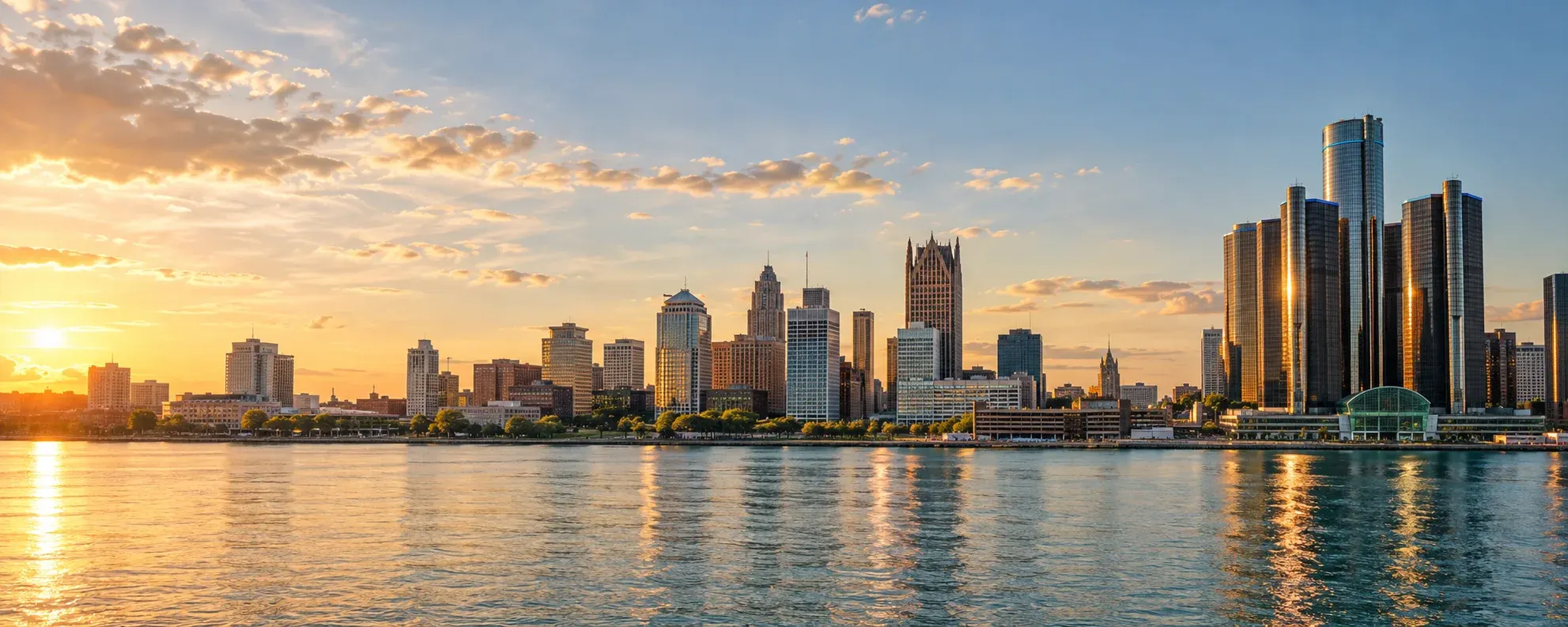 Detroit skyline on the Detroit River at sunset, where DevSolutionsAI provides AI services in Detroit