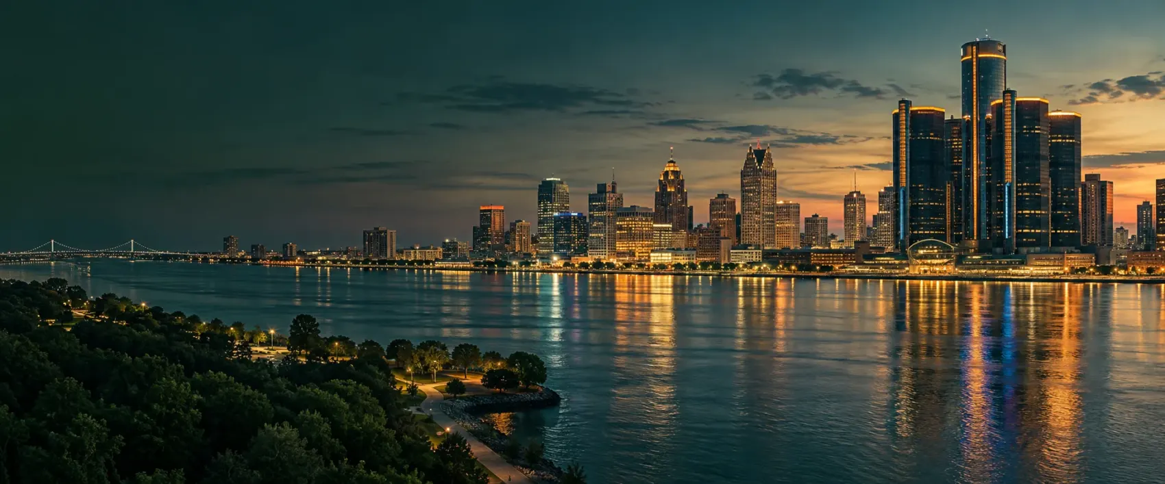 Detroit skyline at night on the river