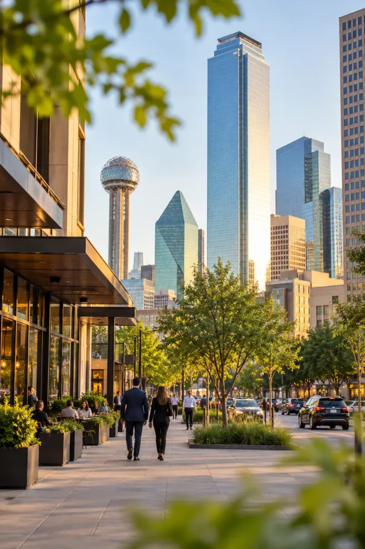 Downtown Dallas street with Reunion Tower in view
