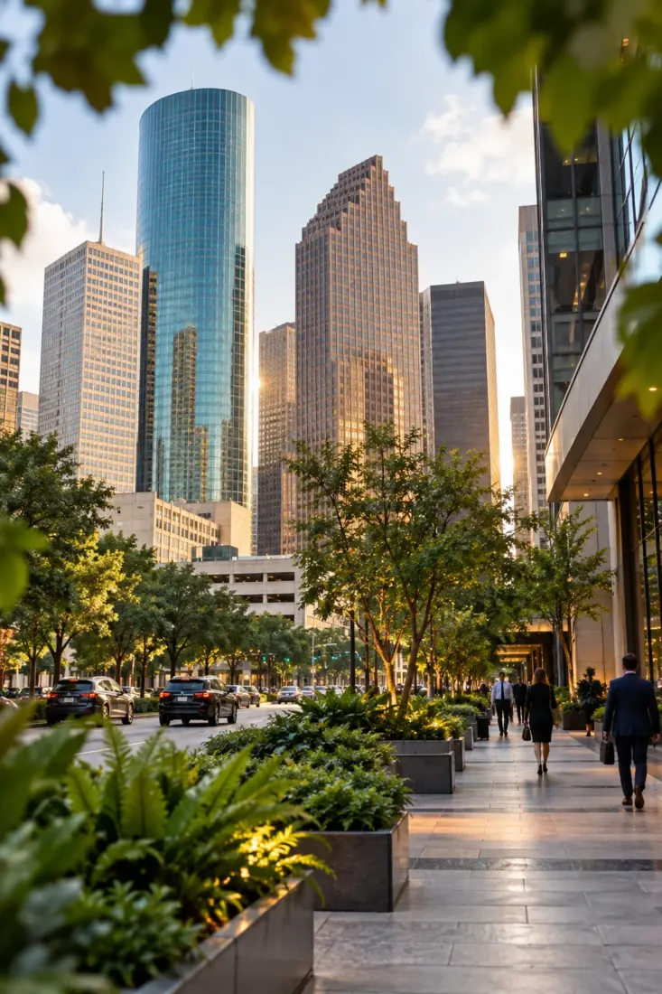 Downtown Houston street with glass office towers