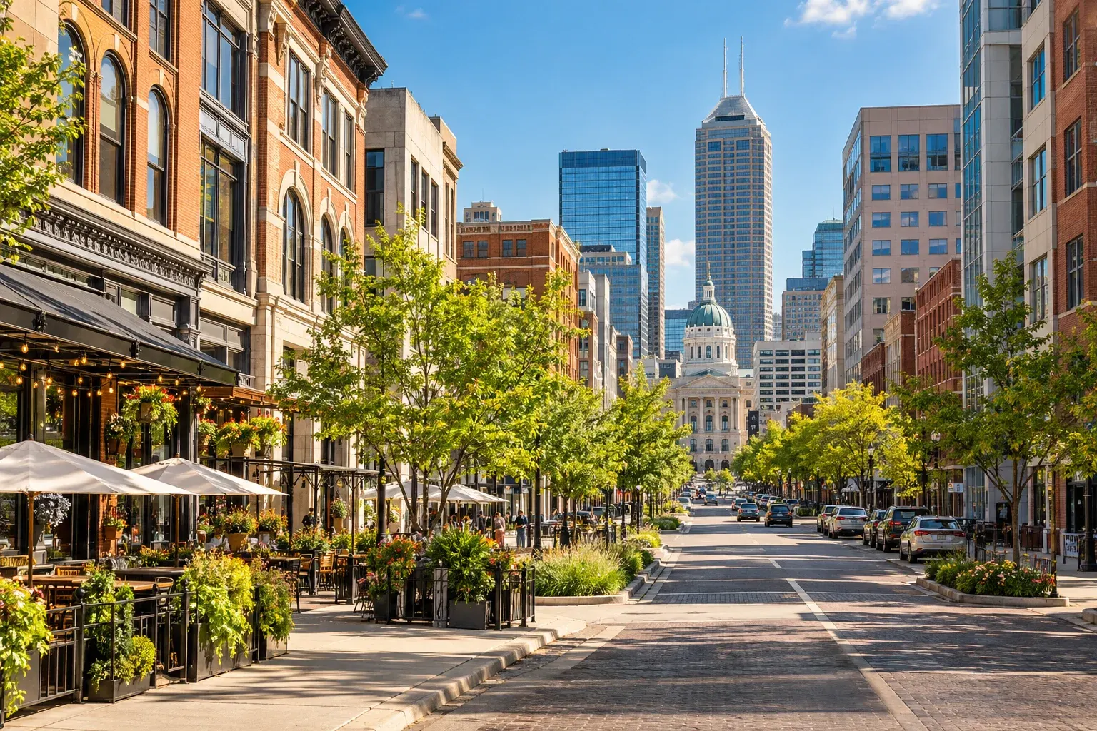 Downtown Indianapolis street with cafes and towers