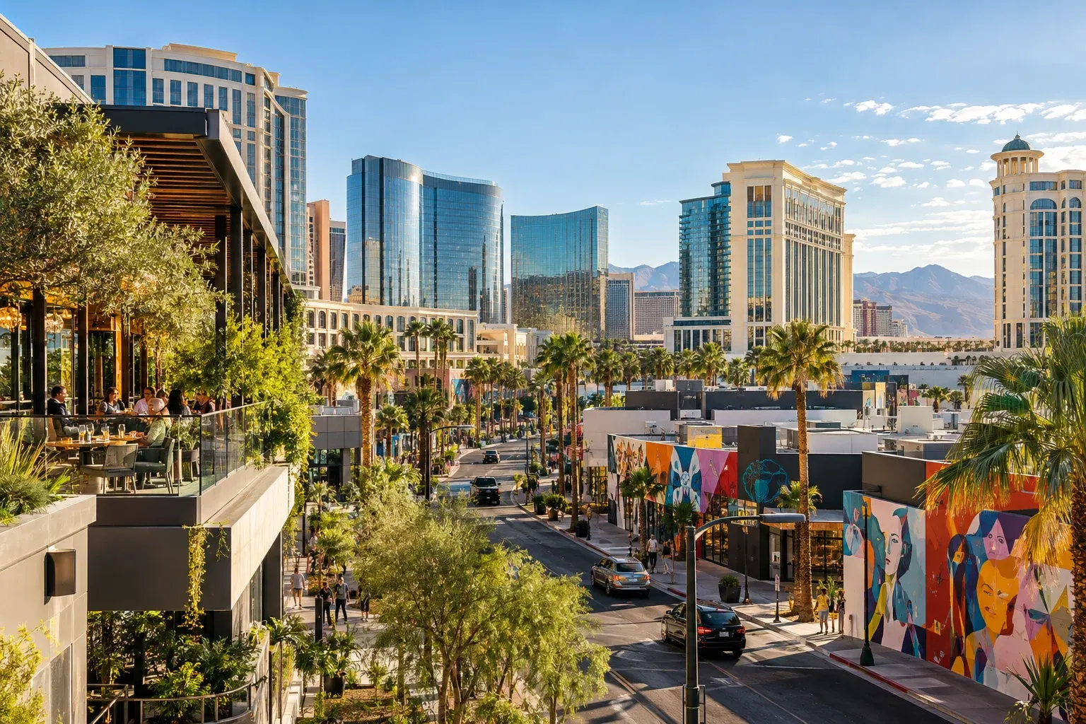 Downtown Las Vegas street with murals and palms