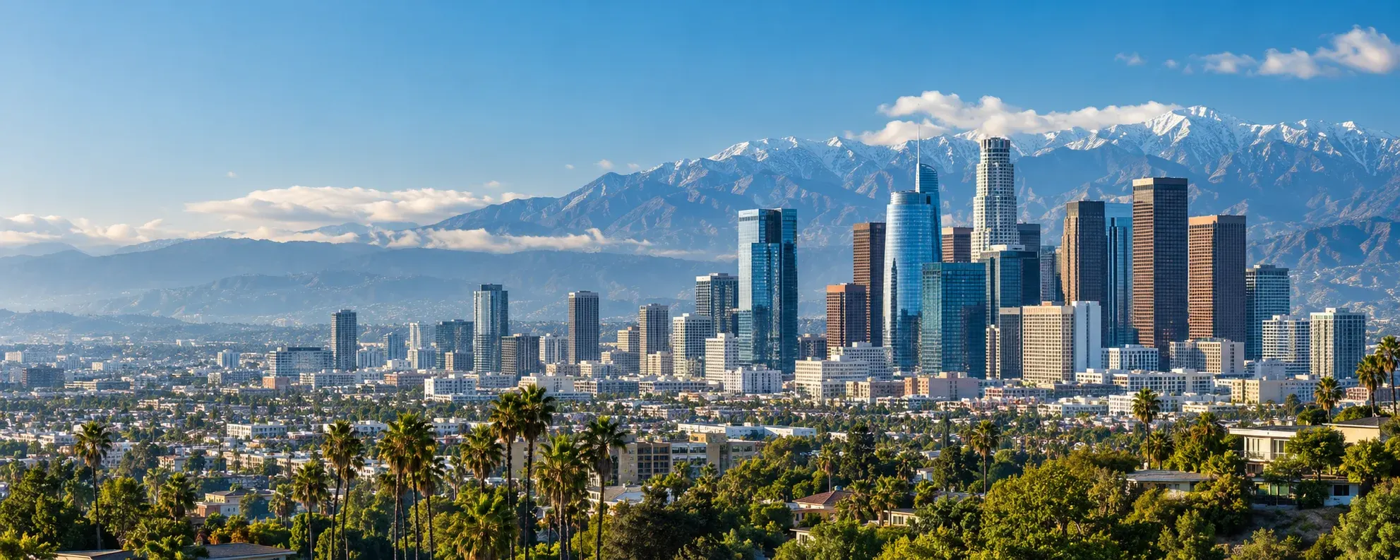 Downtown Los Angeles skyline with mountains behind, where DevSolutionsAI provides AI services in Los Angeles