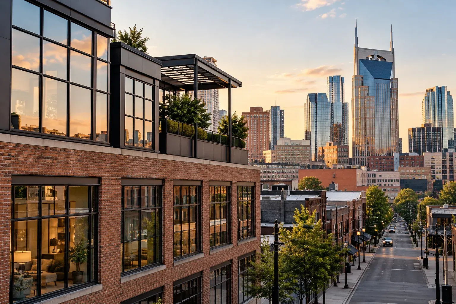 Downtown Nashville street at sunset