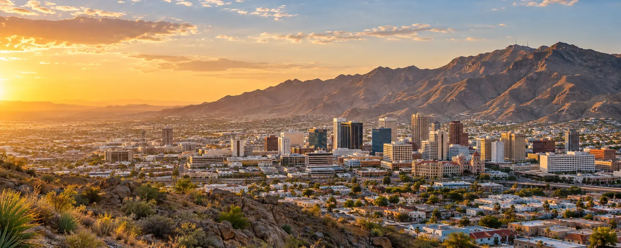El Paso skyline with the Franklin Mountains at sunset, where DevSolutionsAI provides AI services in El Paso