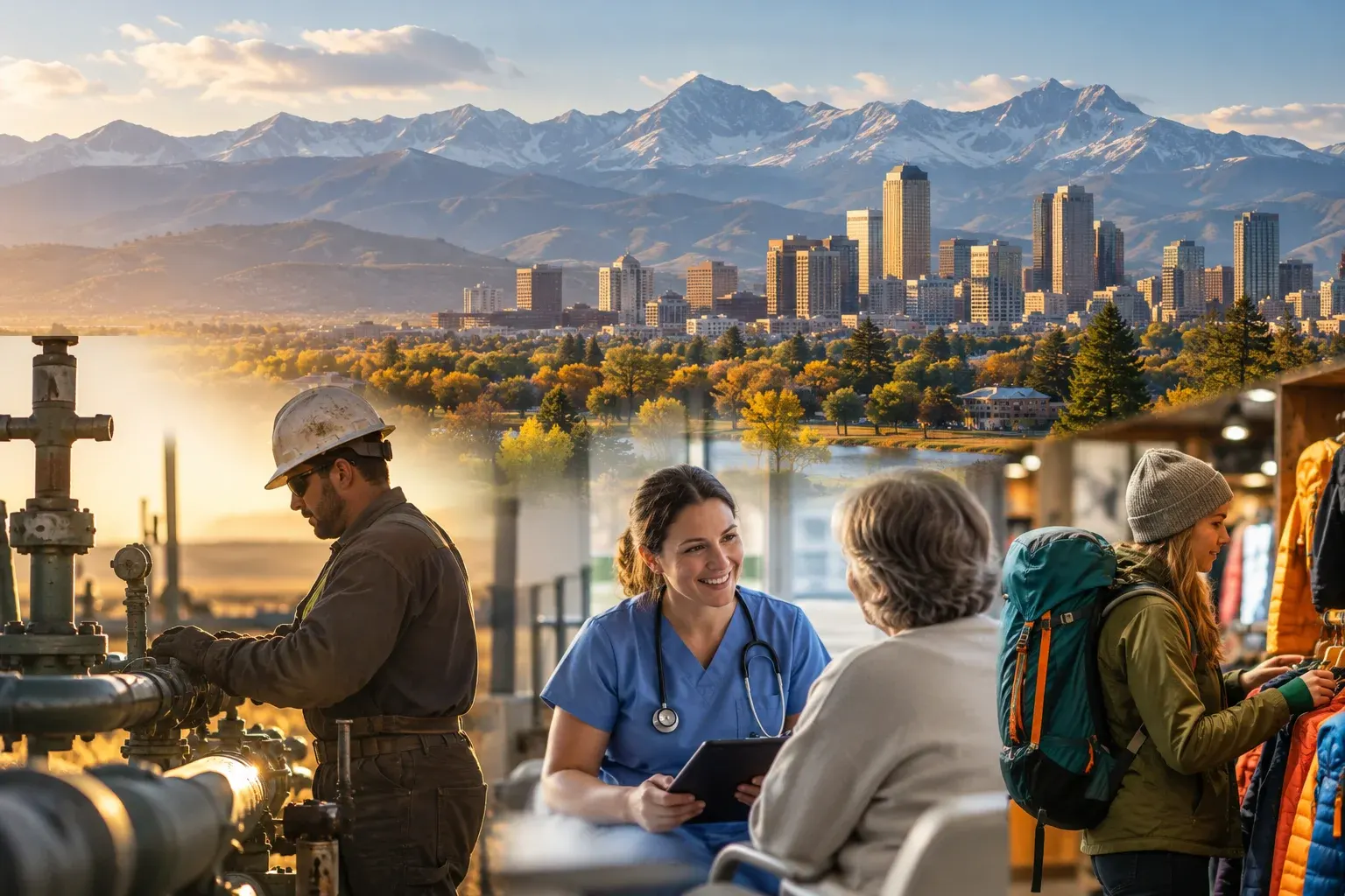 Energy, healthcare and outdoor workers with Denver and the Rockies behind