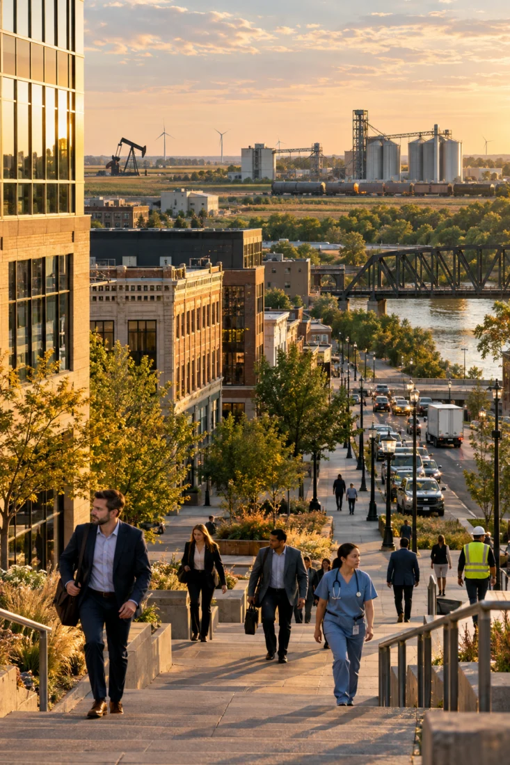 Energy and office workers in a North Dakota downtown