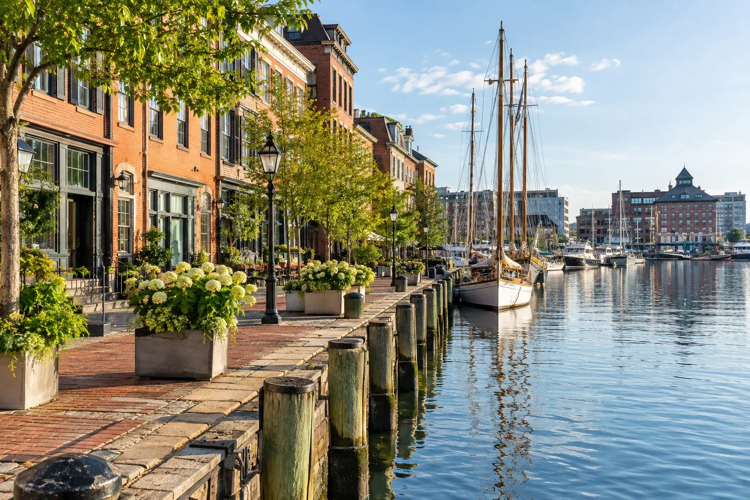 Fells Point waterfront and tall ship in Baltimore