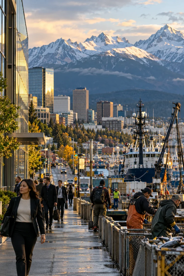 Fishing and port workers on an Alaska waterfront