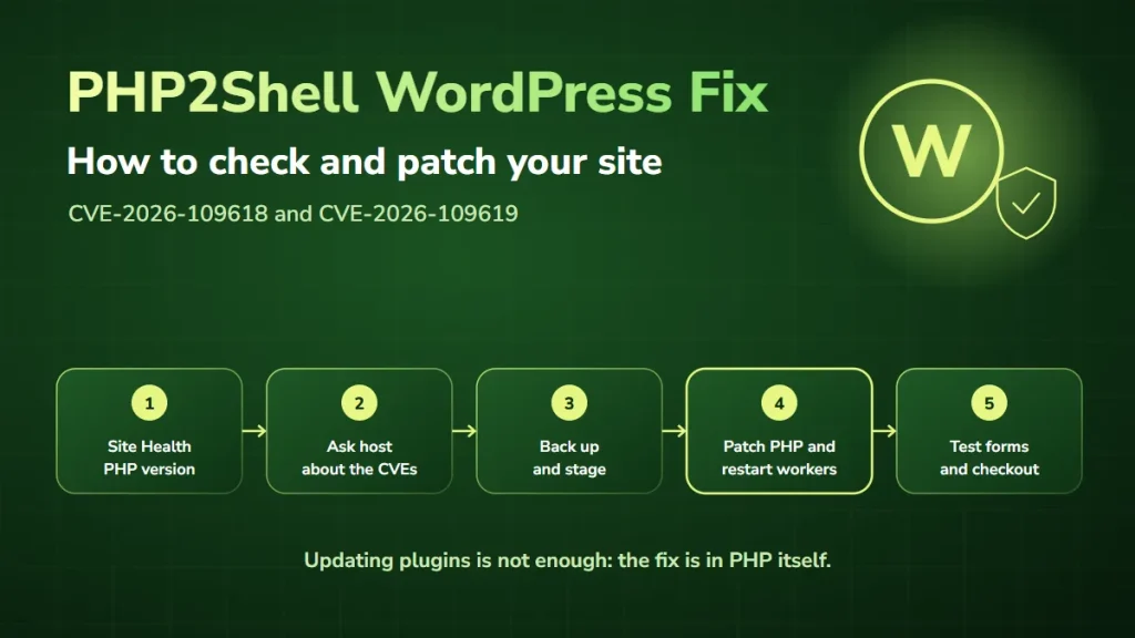 PHP2Shell WordPress fix: check the PHP version in Site Health, ask the host about both CVEs, back up, patch PHP and restart workers, test forms and checkout