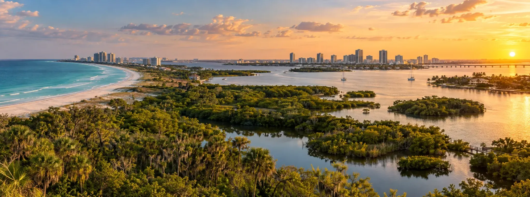 Florida coastline and city skyline at sunset, where DevSolutionsAI provides AI services in Florida