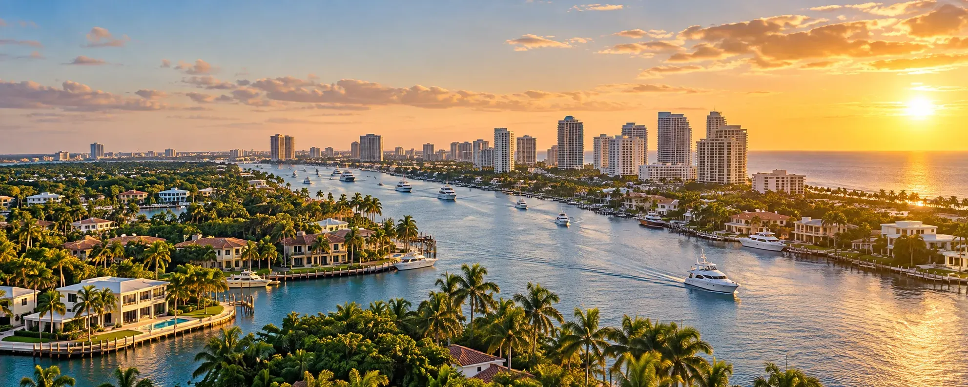 Fort Lauderdale waterways and skyline at sunset, where DevSolutionsAI provides AI services in Fort Lauderdale