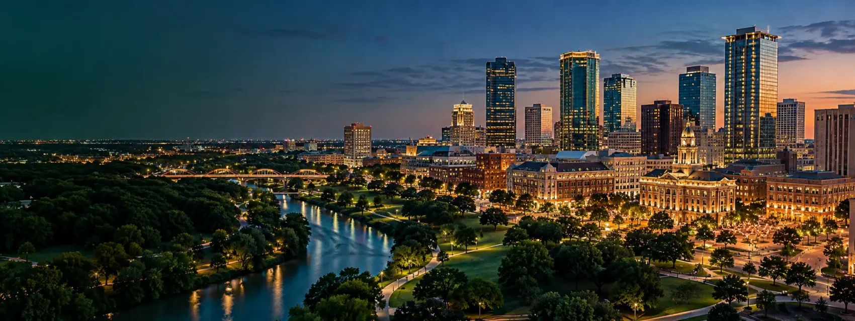 Fort Worth skyline at night along the Trinity River