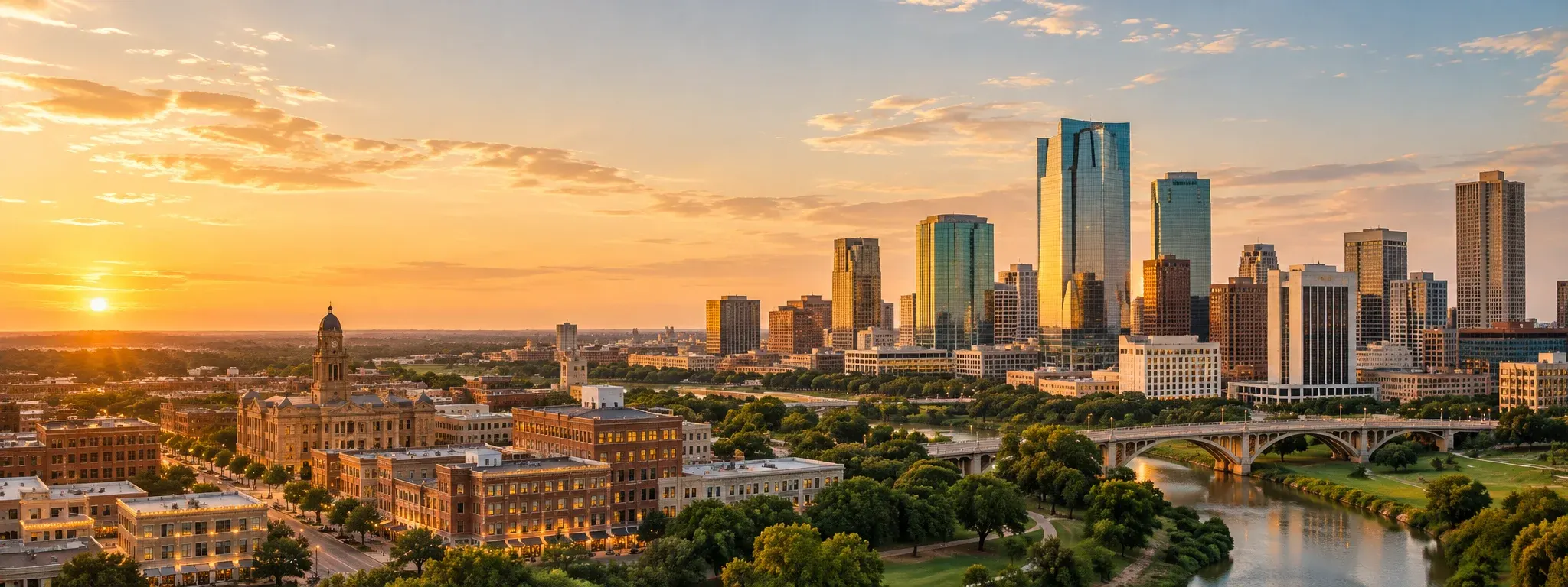Fort Worth skyline at sunset, where DevSolutionsAI provides AI services in Fort Worth