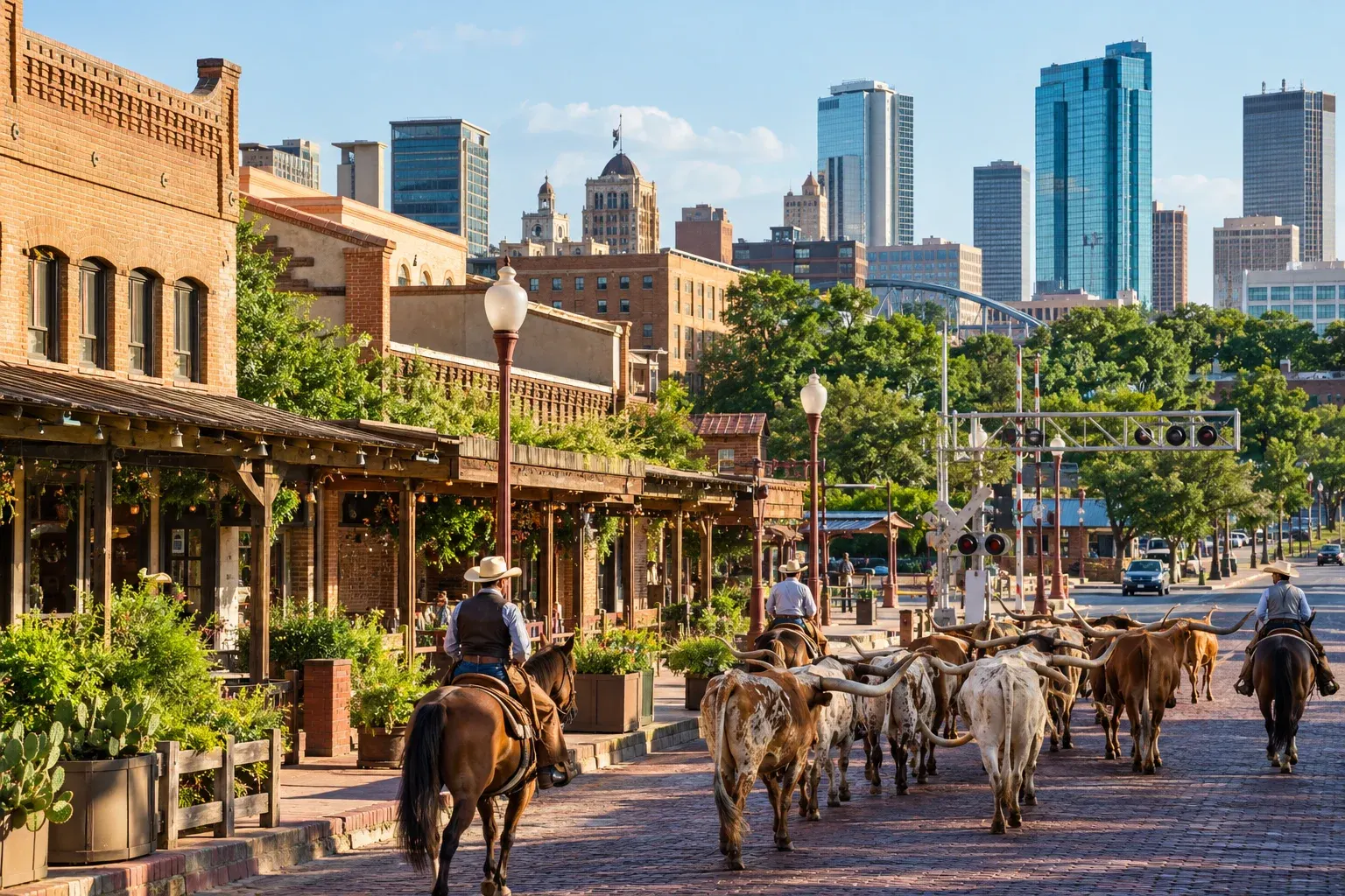 Fort Worth Stockyards street with riders and cattle