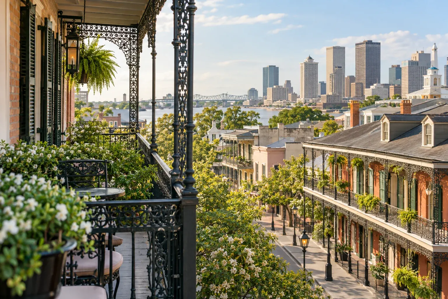 French Quarter balconies with the New Orleans skyline