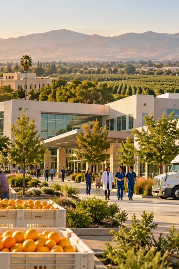 Fresno packing house beside Central Valley orchards