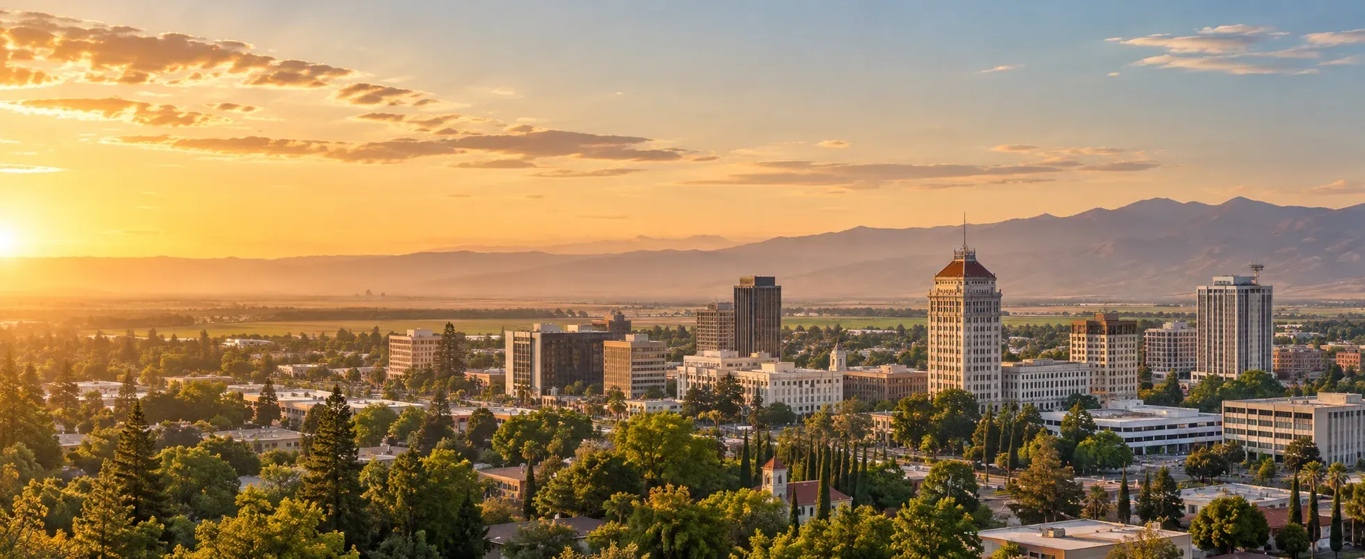 Fresno skyline with the Sierra foothills at sunset, where DevSolutionsAI provides AI services in Fresno