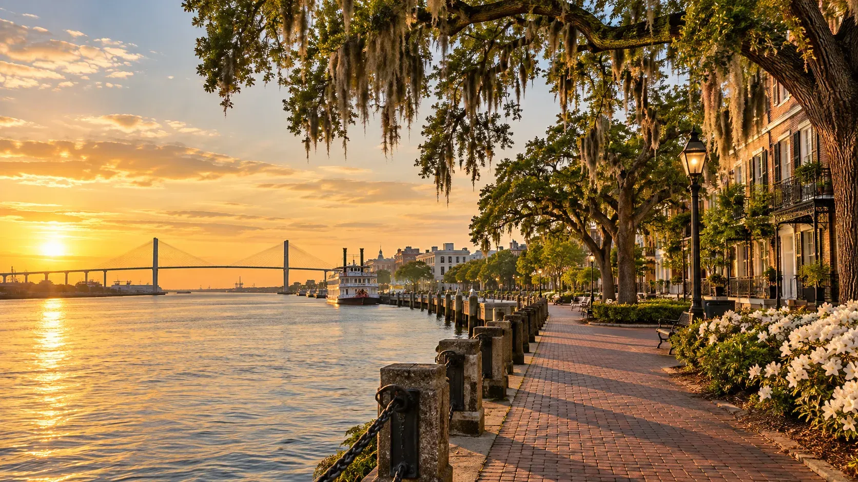 Savannah riverfront under live oaks at sunset, where DevSolutionsAI provides AI services in Georgia