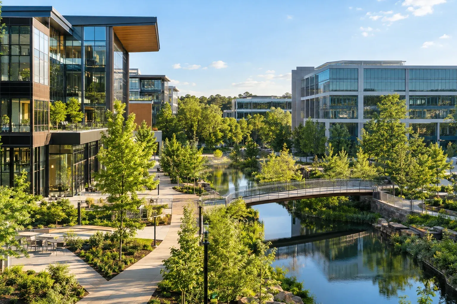 Green campus walkway with modern Raleigh offices