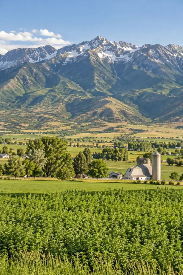 Green farm valley below Utah mountains