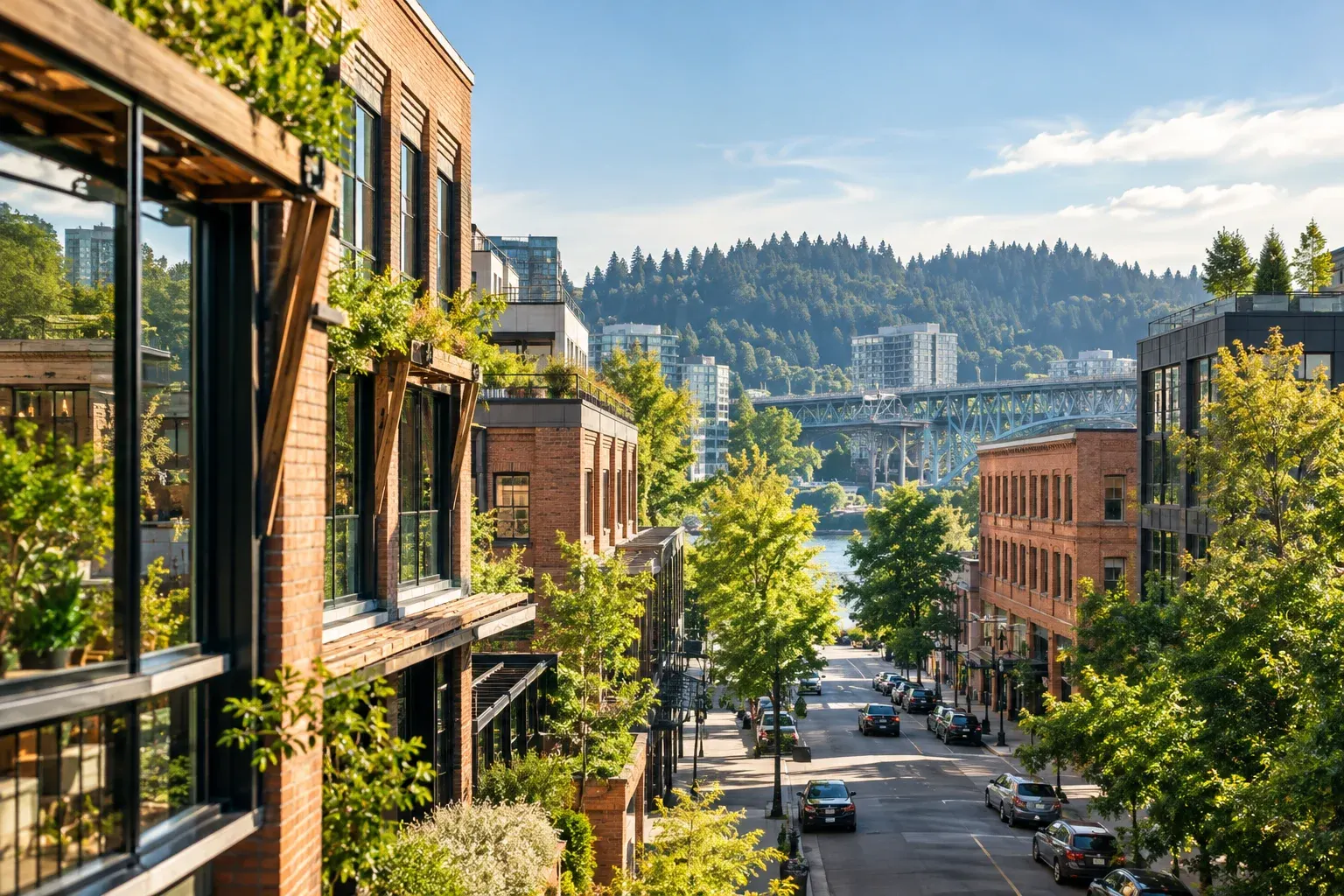 Green Portland street with bridges and forested hills