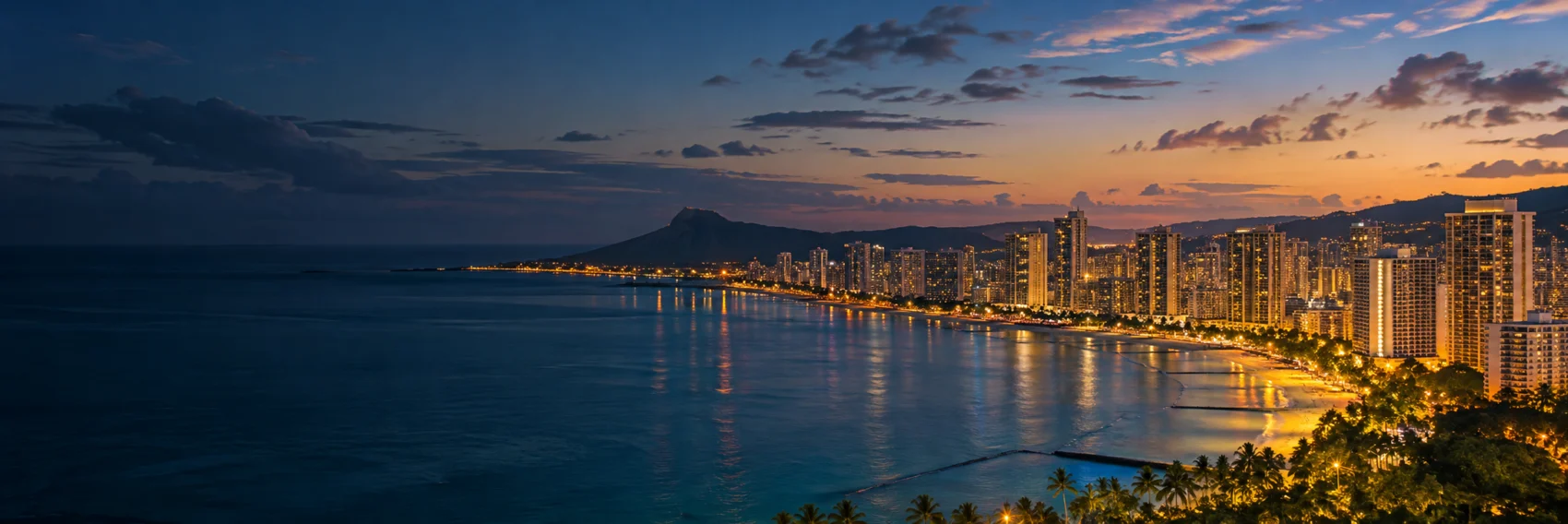 Honolulu lights along the shore at dusk