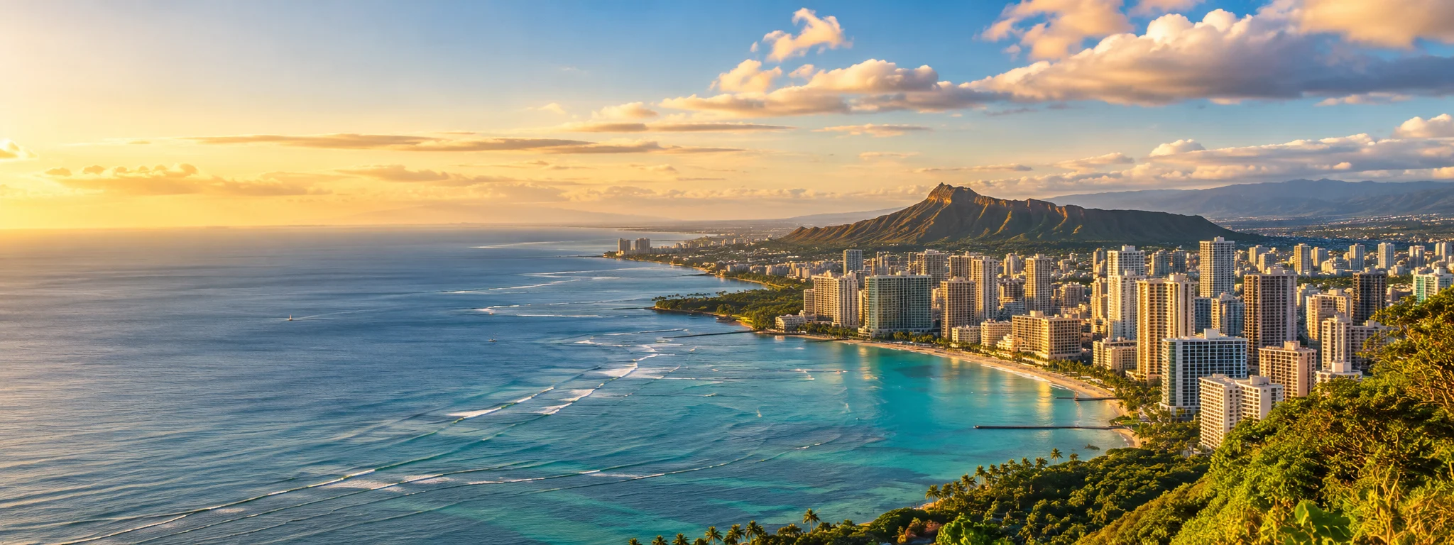 Honolulu shoreline and Diamond Head at sunset, where DevSolutionsAI provides AI services in Hawaii