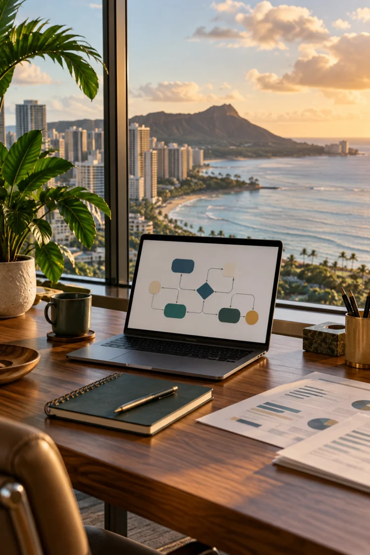 Laptop on a desk with a Diamond Head view
