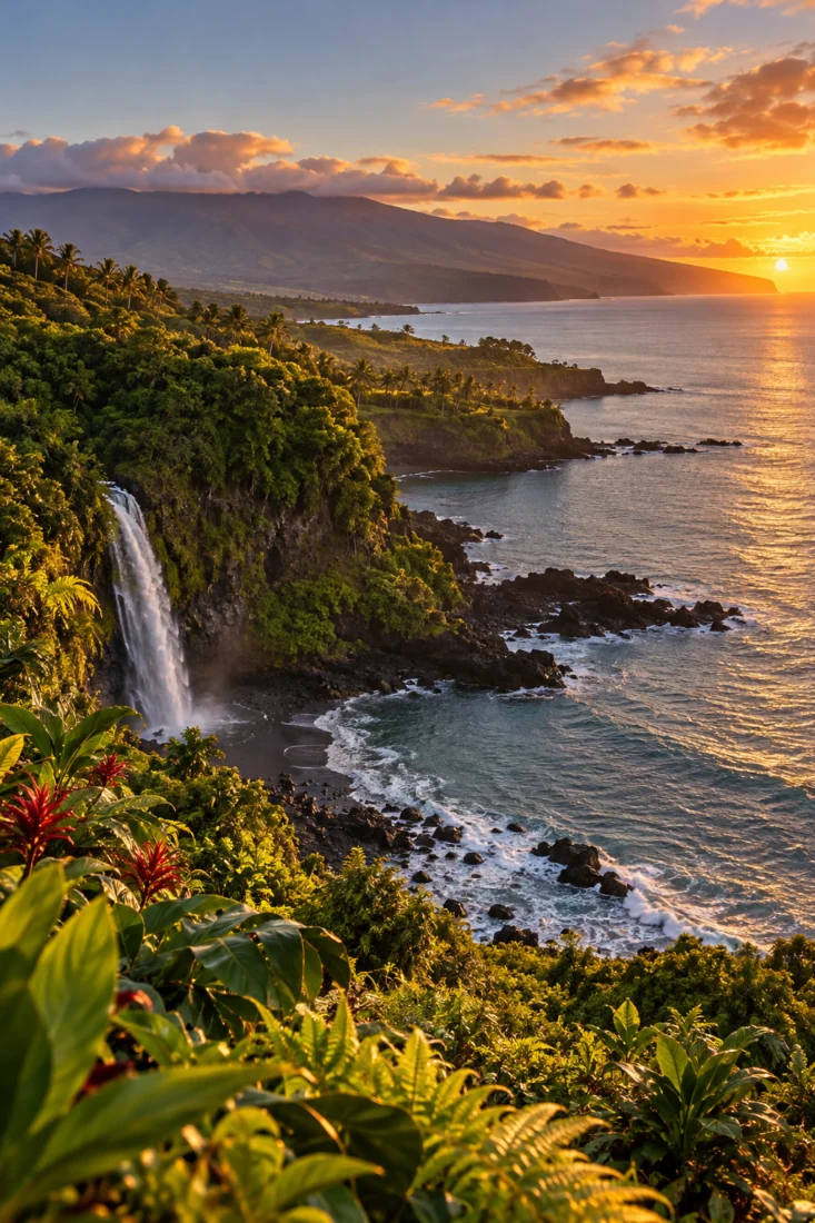 Hawaii sea cliffs and waterfall at sunset