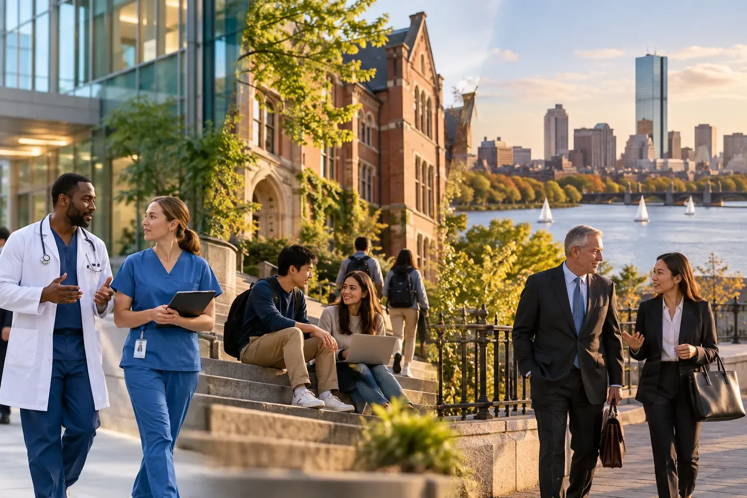 Healthcare, campus and office workers on a Boston street