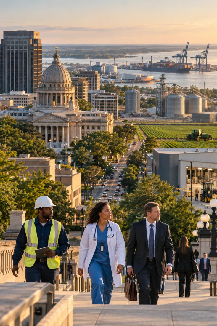 Healthcare and logistics workers in a Mississippi downtown
