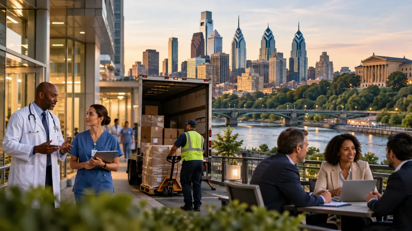 Healthcare and logistics workers with the Philadelphia skyline behind