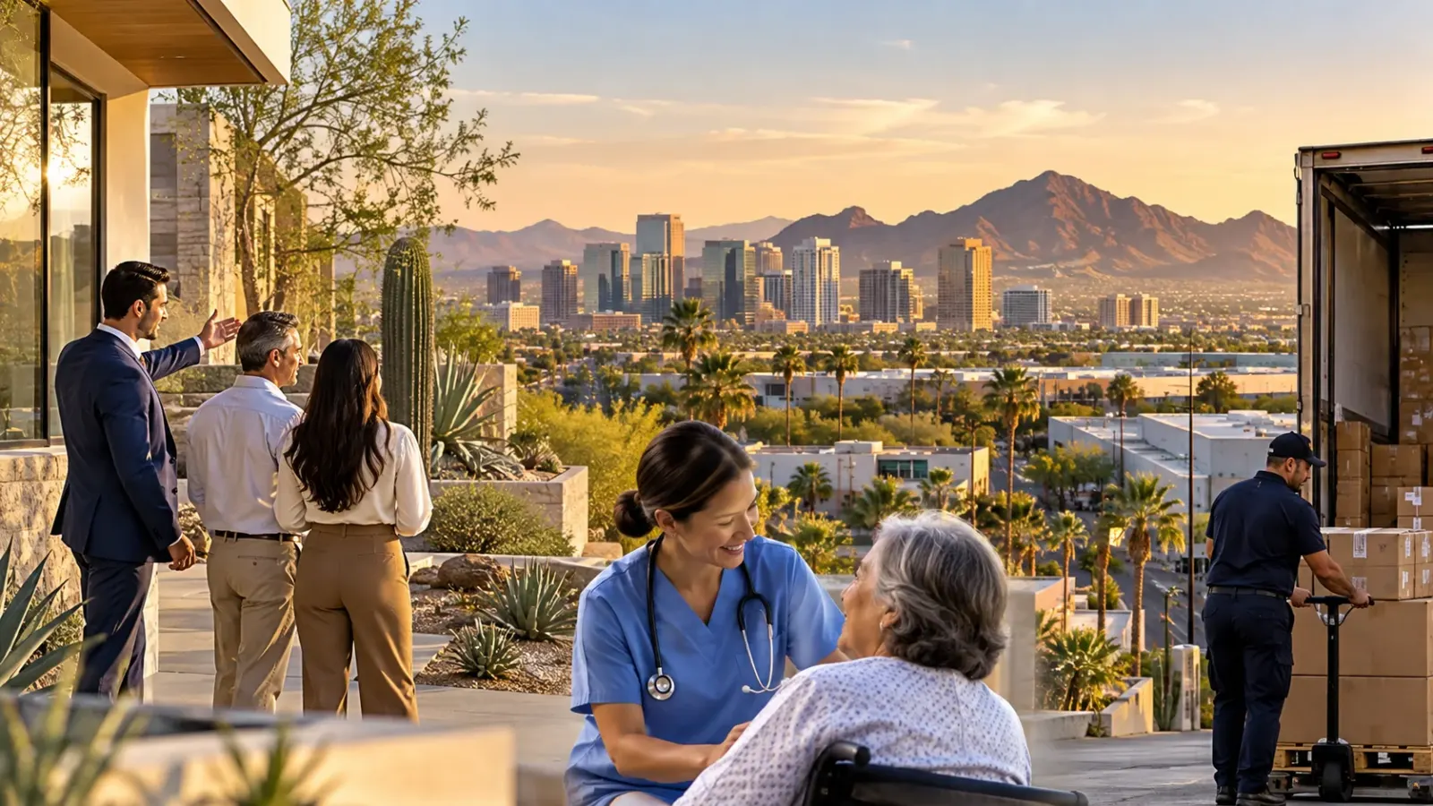Healthcare and office workers outside a Phoenix building