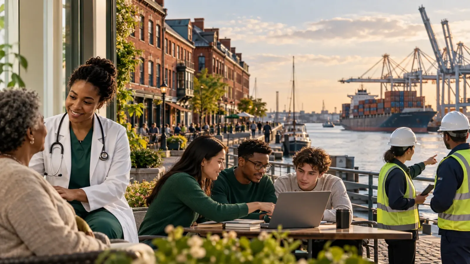 Healthcare and port workers by the Baltimore harbor