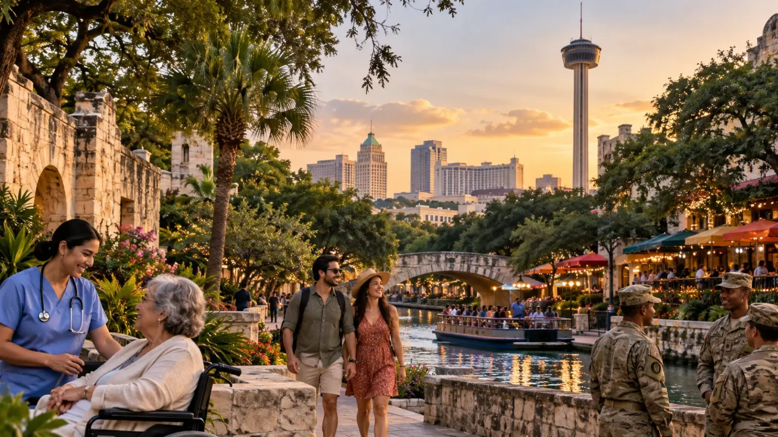 Healthcare workers and visitors along the San Antonio River Walk