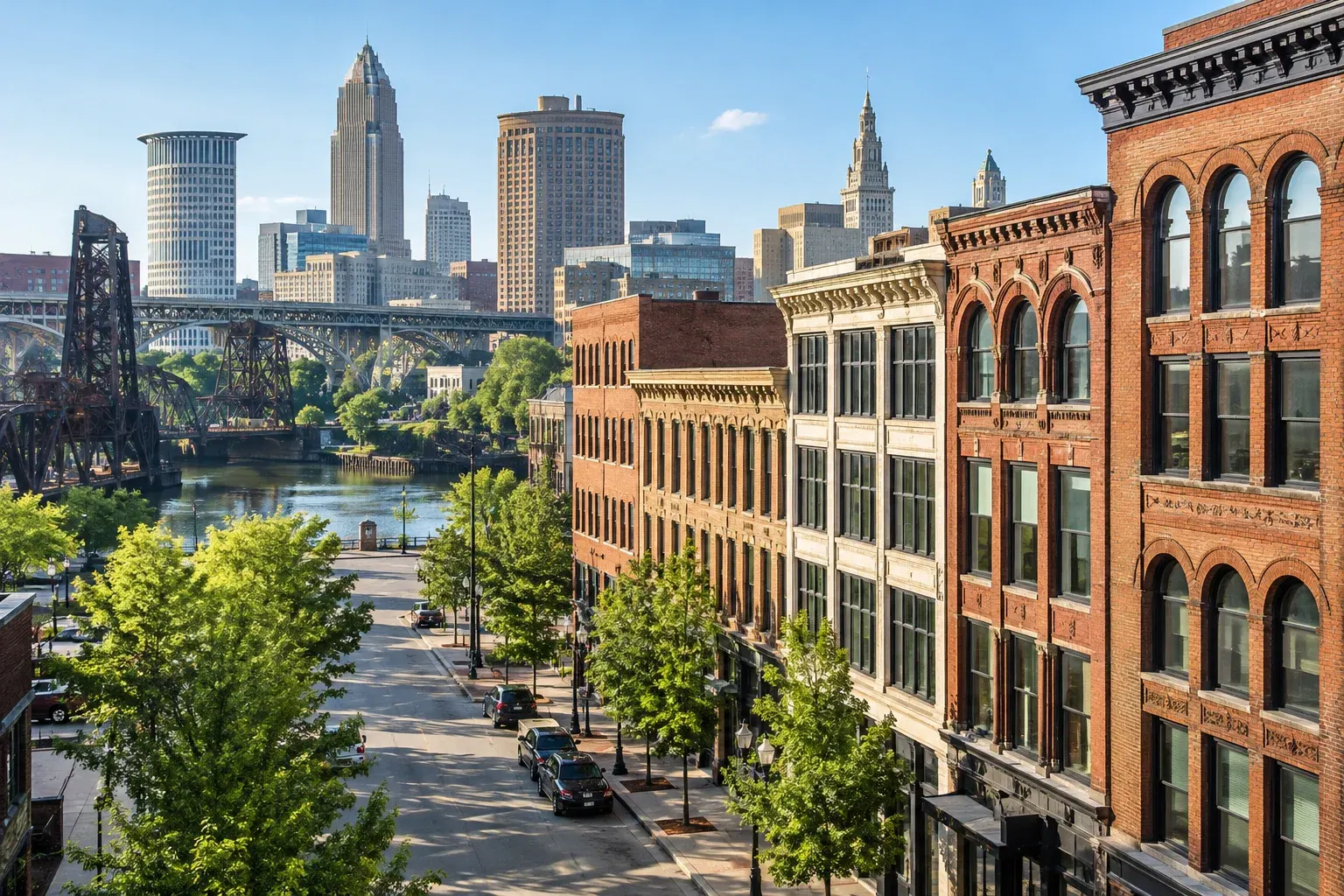 Historic brick buildings on a Cleveland street