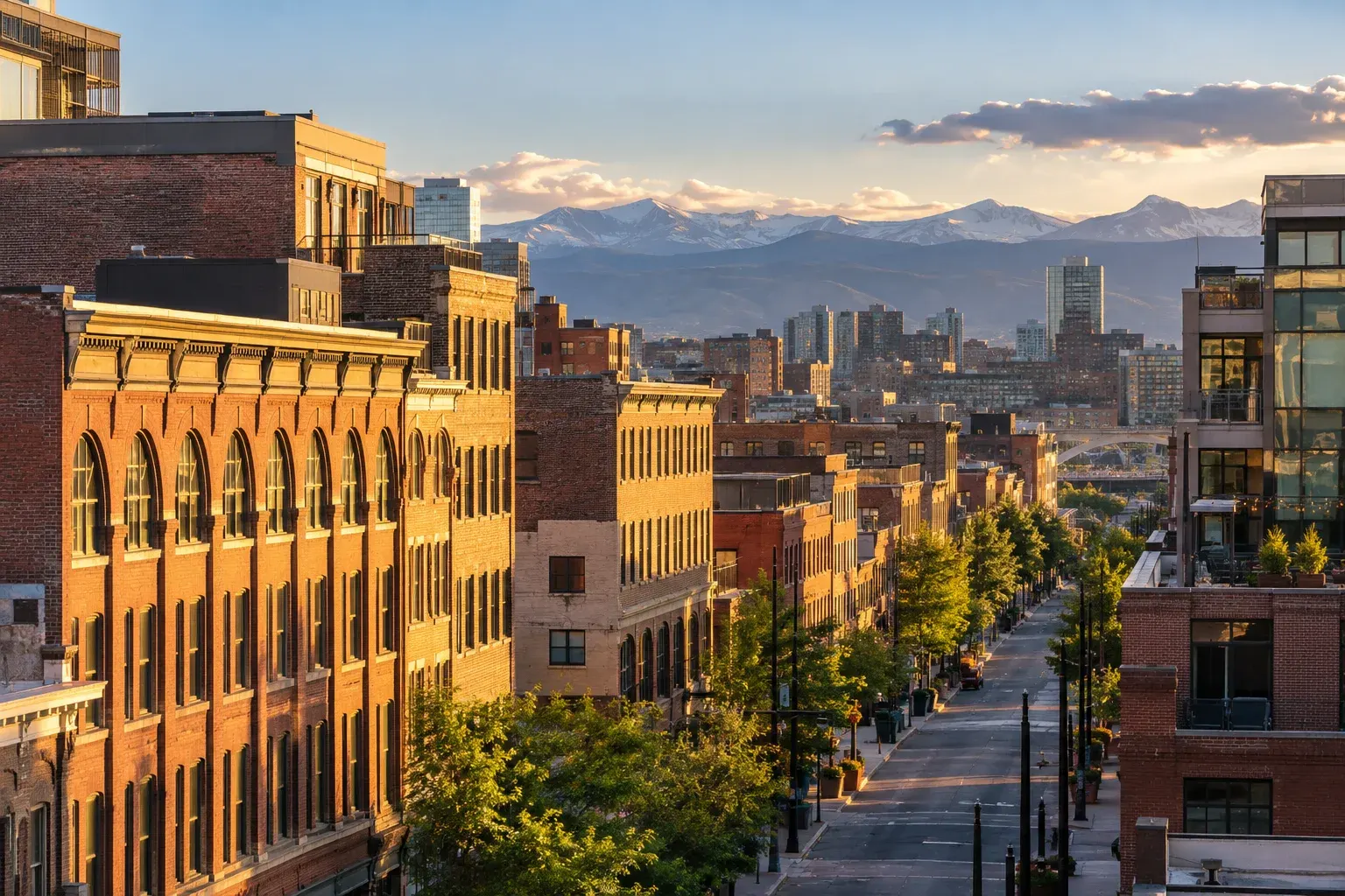 Historic brick buildings on a Denver street