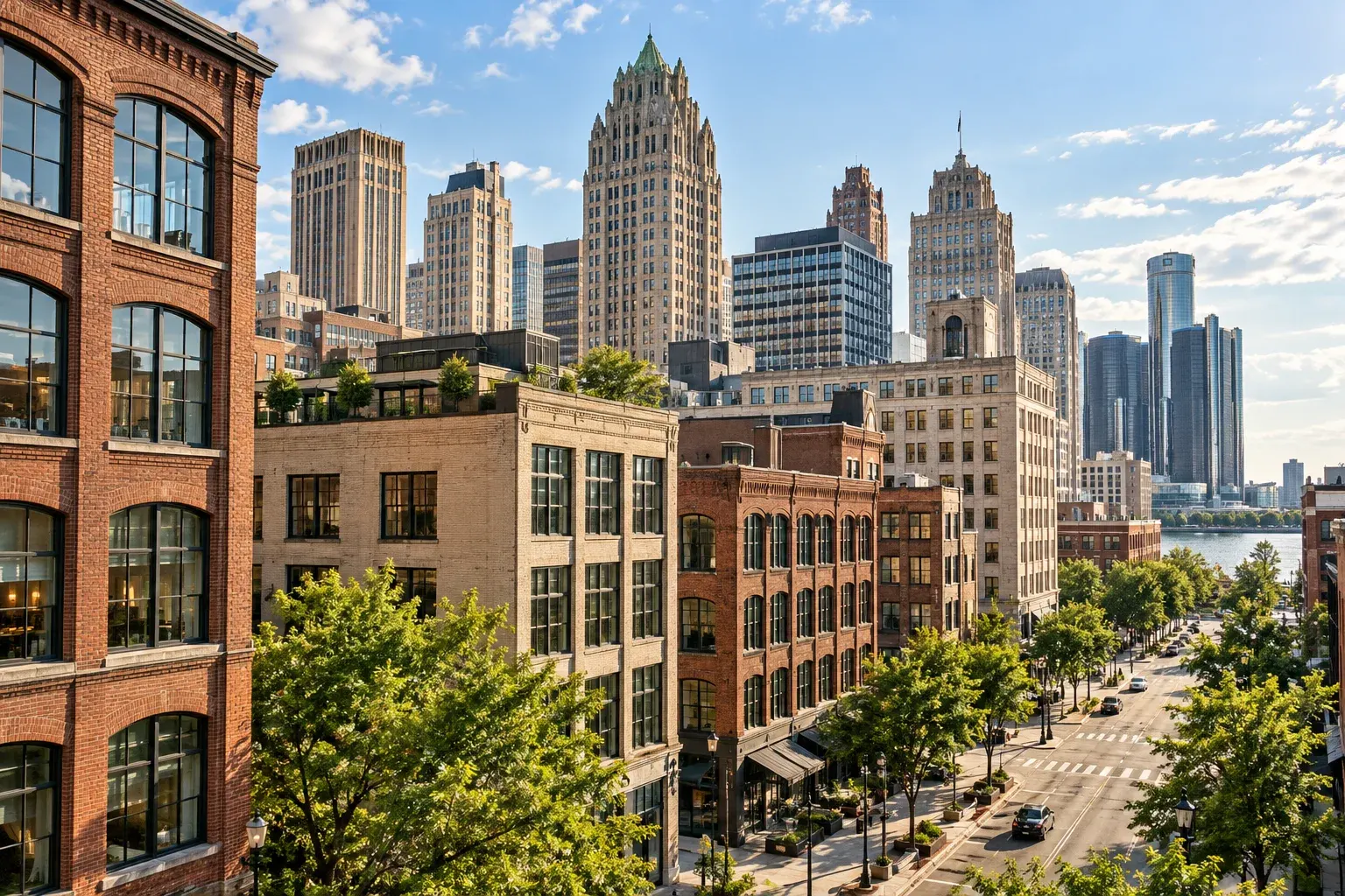 Historic brick buildings and towers in downtown Detroit
