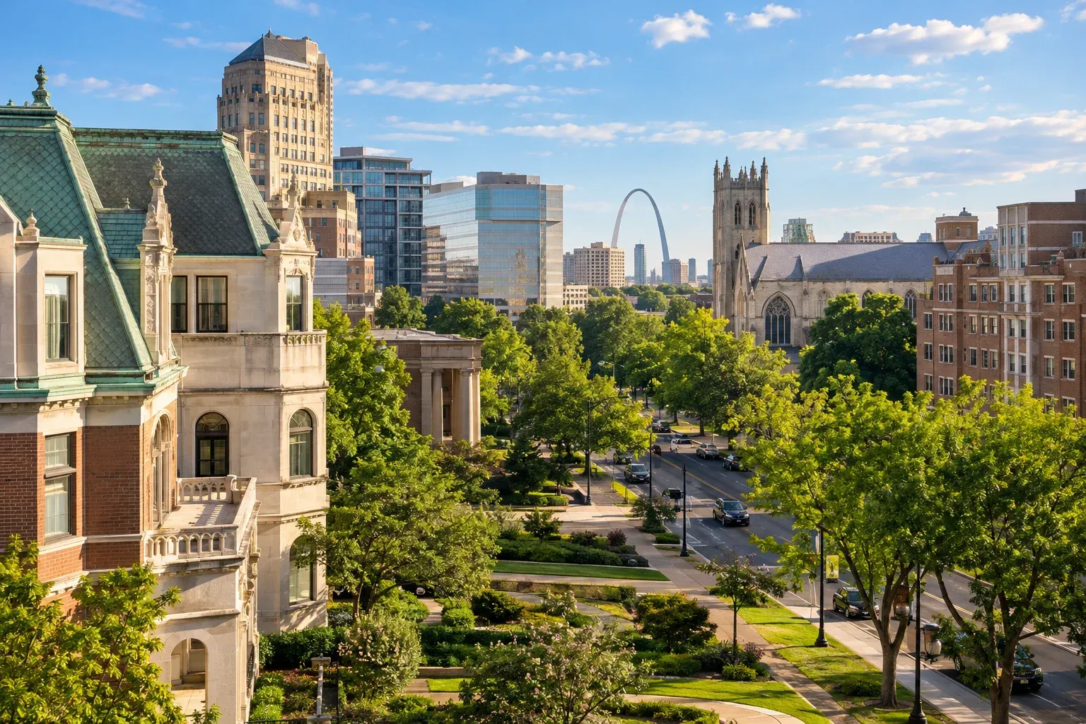 Historic St. Louis neighborhood with tree-lined streets