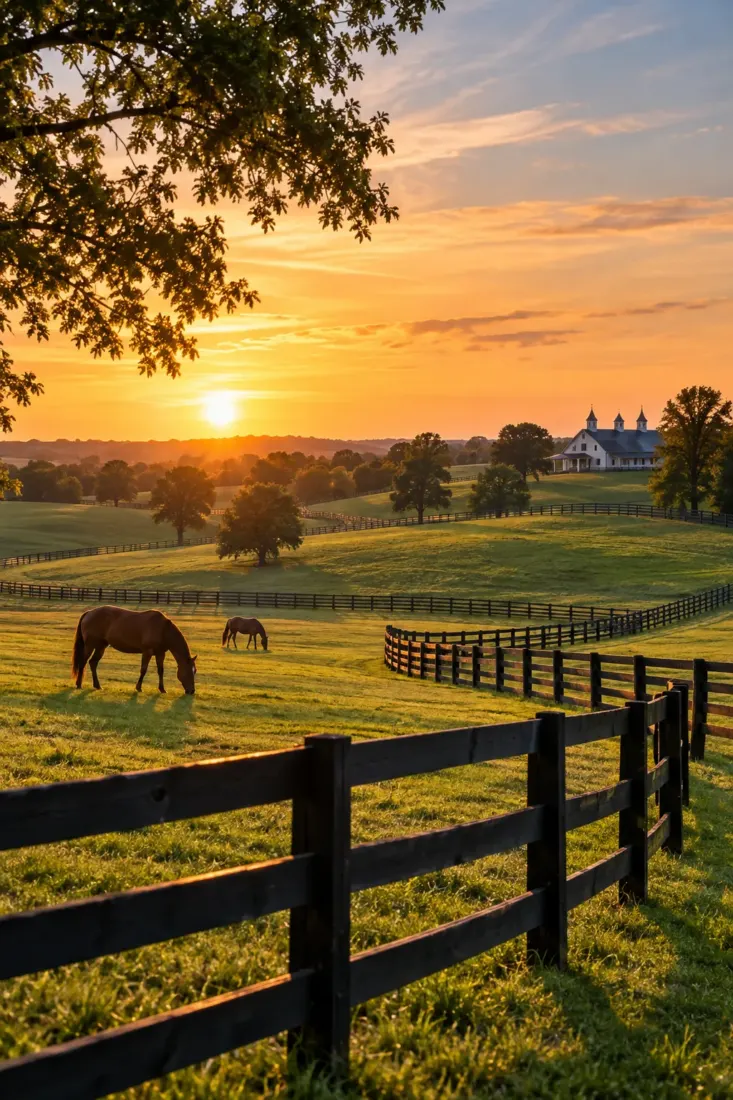 Horse farm with black fences in Kentucky Bluegrass