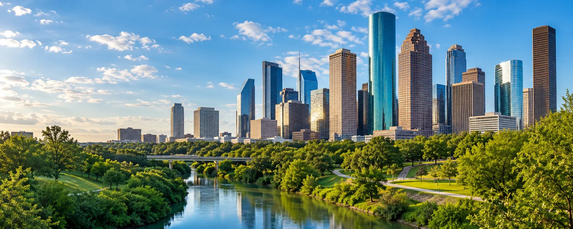 Houston skyline above Buffalo Bayou park, where DevSolutionsAI provides AI services in Houston