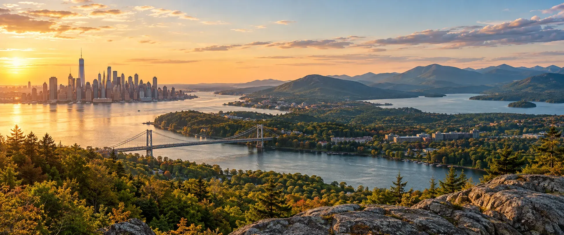Hudson Valley and New York skyline at sunset, where DevSolutionsAI provides AI services in New York