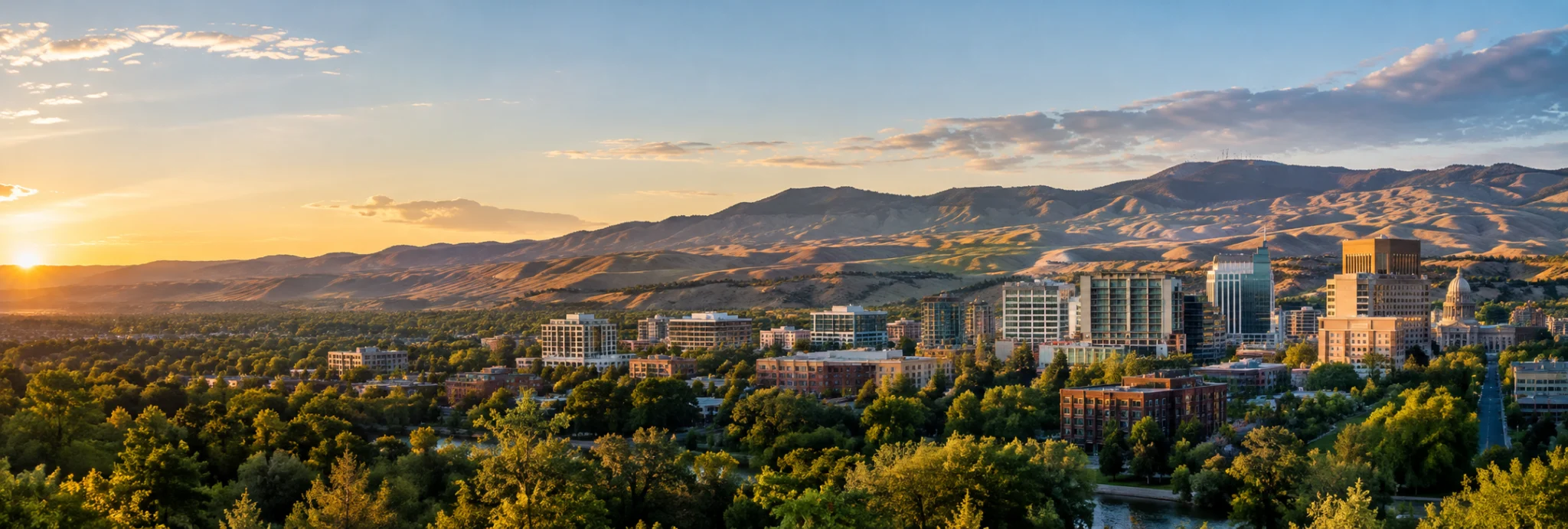 Boise skyline below the foothills at sunrise, where DevSolutionsAI provides AI services in Idaho