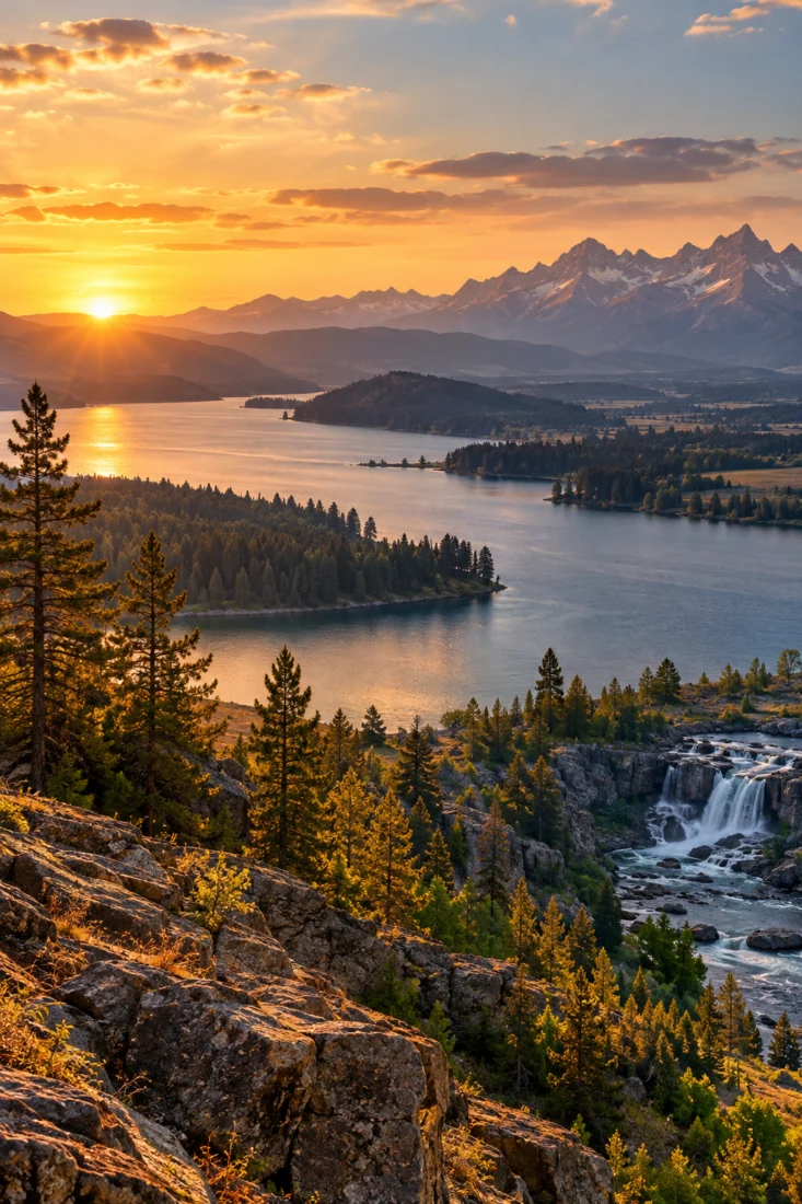 Idaho lake and waterfall below mountains