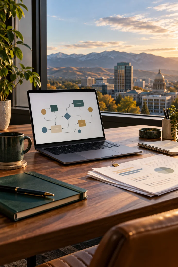 Laptop on a desk with a Boise foothills view