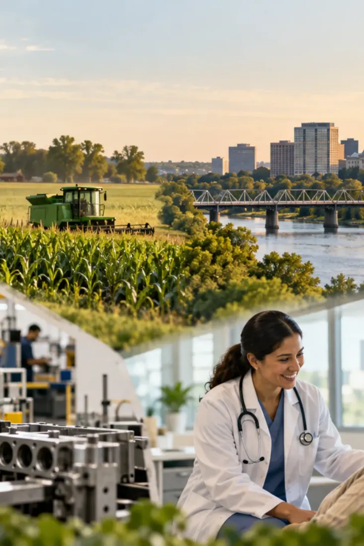 Illinois farmland, factory and clinic scenes