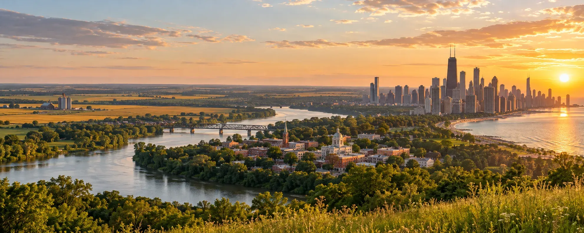 Illinois river and Chicago skyline at sunset, where DevSolutionsAI provides AI services in Illinois