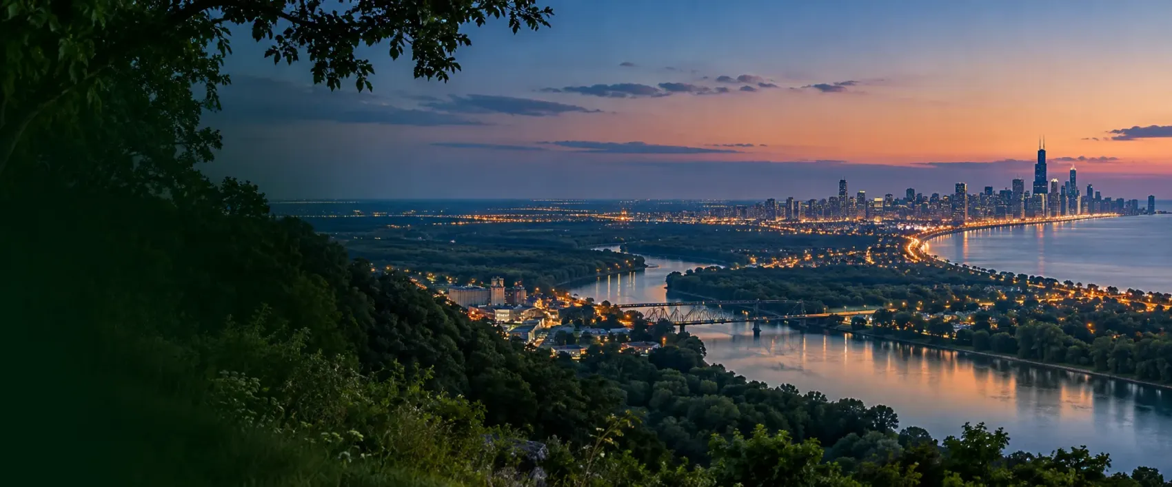 Illinois skyline at dusk over the river