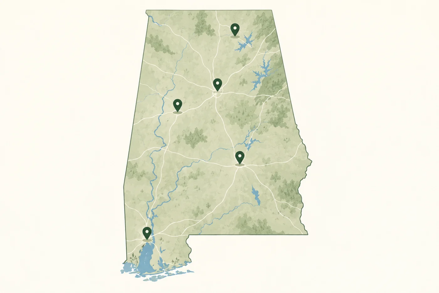 Illustrated map of Alabama and its regions